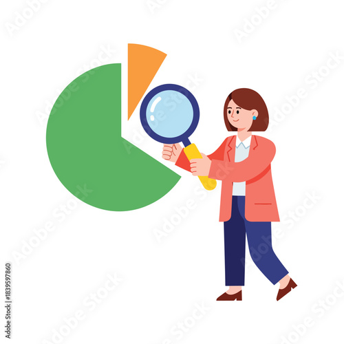 Flat vector of a woman examining a pie chart with a magnifying glass. Ideal for analytics, research, reporting dashboards, and data breakdown visuals