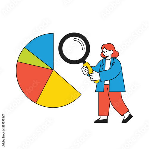 Flat vector of a woman examining a pie chart with a magnifying glass. Ideal for analytics, research, reporting dashboards, and data breakdown visuals