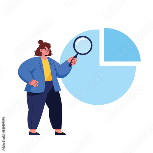Flat vector of a woman examining a pie chart with a magnifying glass. Ideal for analytics, research, reporting dashboards, and data breakdown visuals