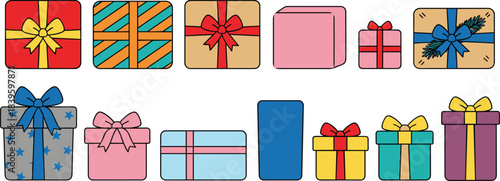 Colorful gift box illustration, festive wrapping styles, celebration packaging design, vector art, holiday decor concept, present collection set