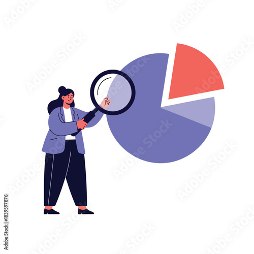 Flat vector of a woman examining a pie chart with a magnifying glass. Ideal for analytics, research, reporting dashboards, and data breakdown visuals