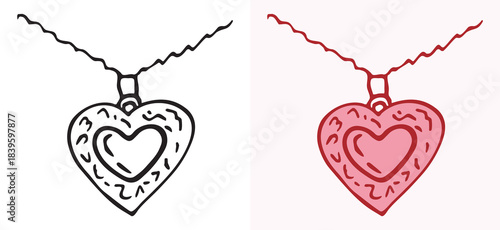 Hand drawn heart pendant necklace illustration set with outline and colored versions. Ideal for jewelry branding, fashion blogs, and feminine accessory designs.