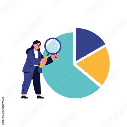 Flat vector of a woman examining a pie chart with a magnifying glass. Ideal for analytics, research, reporting dashboards, and data breakdown visuals