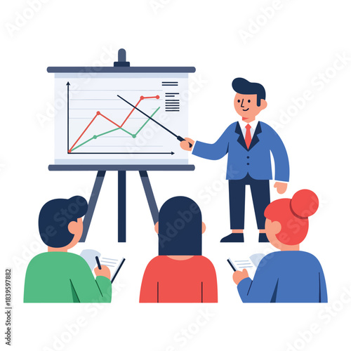 Flat modern scene of a presenter using a laser pointer on a line chart as the audience watches. Ideal for seminars, workshops, and business training content