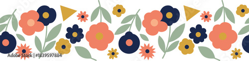 Colorful floral pattern illustration, horizontal decorative band, geometric and botanical design, vector art, textile and wallpaper concept