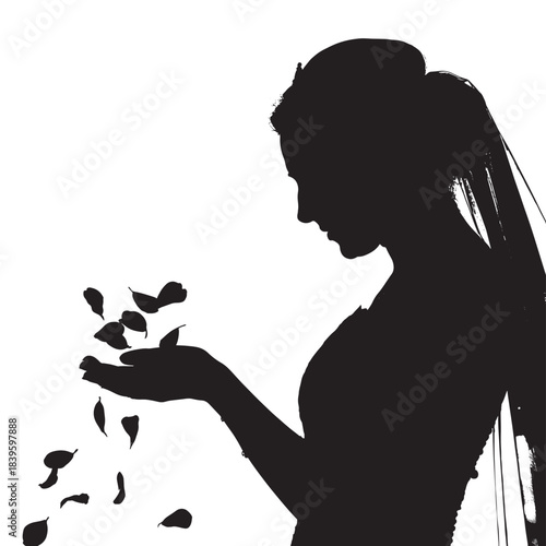 Silhouette of woman releasing heart shapes, black icon for love and romance concepts