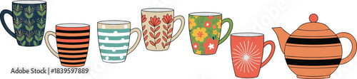 Colorful mug and teapot illustration, kitchenware design, ceramic pattern set, vector art, home decor concept, cozy beverage collection