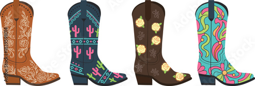 Cowboy boot illustration set, western footwear design, embroidered and colorful styles, vector art, fashion accessory concept, cultural motif