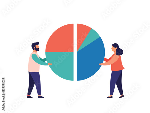 Flat modern vector of two colleagues holding halves of a donut chart forming one piece. Ideal for collaboration, teamwork, and analytics themes