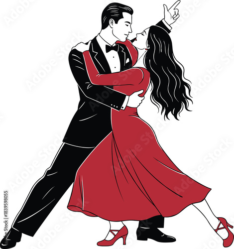 Elegant dance couple illustration, ballroom or tango pose, romantic movement design, vector art, passion and connection concept