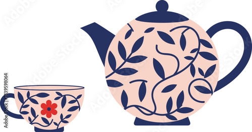 Decorative teapot and teacup illustration, matching kitchenware design, floral vine pattern, vector art, cozy beverage concept, pastel style