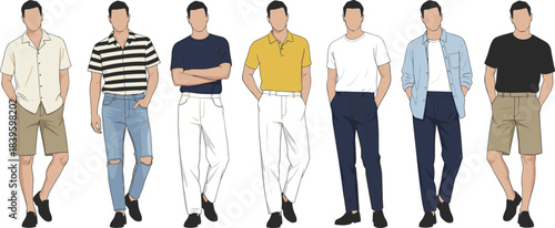 Men’s summer fashion illustration set, casual outfit variety, warm-weather style guide, vector art, seasonal clothing concept, stylish poses