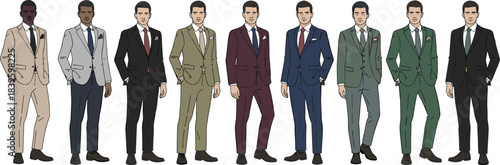 Men's formal suit fashion illustration, stylish male outfit guide, diverse suit colors, vector character design, fashion template, wardrobe inspiration