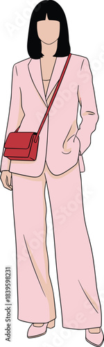 Minimalist flat vector illustration of a fashionable woman in a blush pink pantsuit and dark bob hairstyle