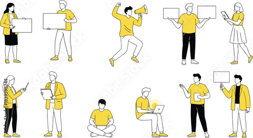Modern communication character illustration set, collaborative activity poses, minimal vector art, digital device usage, expressive workplace concept
