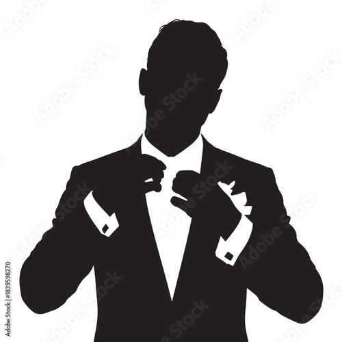 Businessman silhouette adjusting tie, formal wear icon
