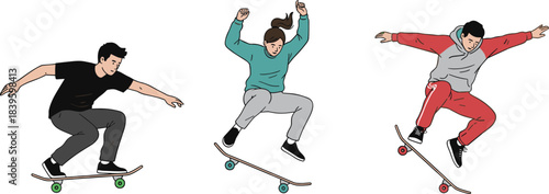 Skateboarding trick illustration, dynamic motion pose, street sport design, airborne skaters, vector art, urban activity concept, stylish action