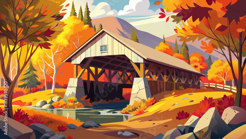 Very beautiful covered bridge surrounded by vibrant fall trees, reflecting classic New England charm. Warm sunlight highlights the peaceful riverside and historic structures of Woodstock during the co