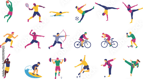 Sports activity illustration set, dynamic athlete poses, fitness and competition icons, vector art, diverse motion design, active lifestyle concept