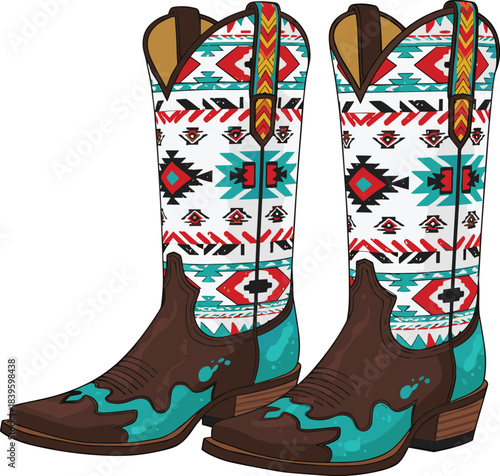 Southwestern cowboy boot illustration, vibrant western footwear design, cultural pattern detail, vector art, fashion accessory concept, bold style