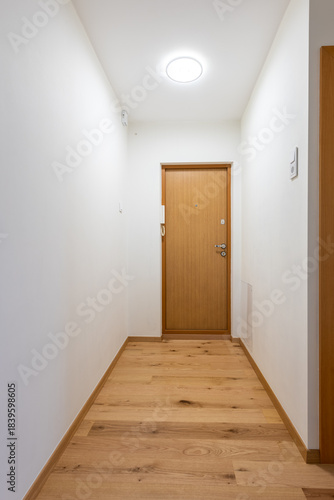 Entrace, Hall, Hallway and Exit Wooden Door. Empty white walls room corner and LED Light.