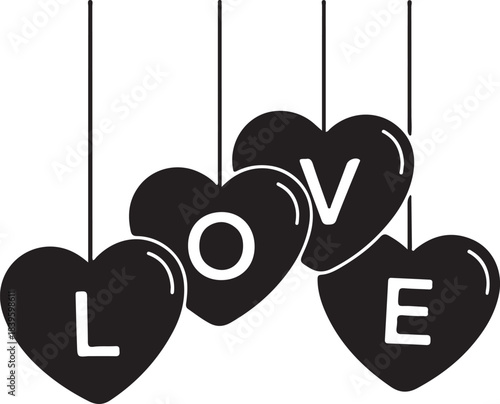 Hanging black l o v e hearts vector illustration. four minimalist heart shapes with white letters symbolizing romance and affection.