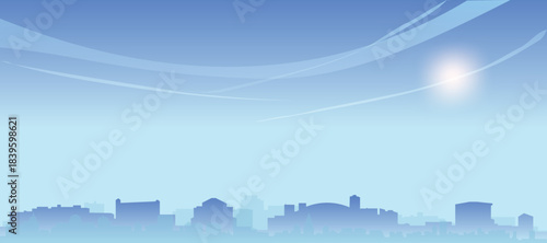 Blue panoramic poster of the city skyline with misty background buildings and clouds of TORONTO, CANADA