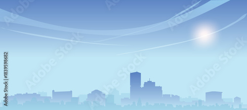Blue panoramic poster of the city skyline with misty background buildings and clouds of MONTREAL, CANADA