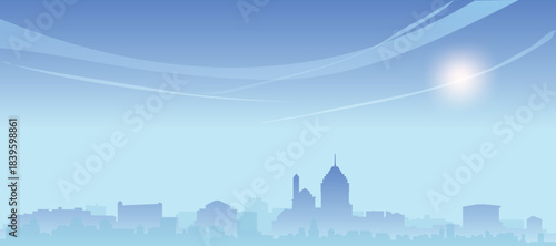 Blue panoramic poster of the city skyline with misty background buildings and clouds of MISSISSAUGA, CANADA