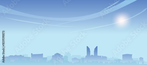 Blue panoramic poster of the city skyline with misty background buildings and clouds of EDMONTON, CANADA