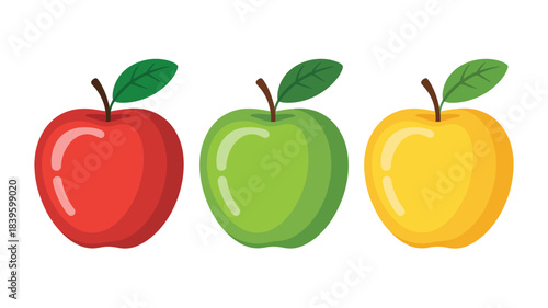 Three colorful apples red green and yellow with leaves