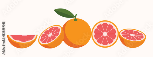 Vibrant grapefruit slices and whole fruit arrangement on light background