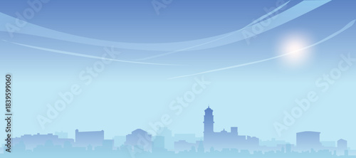 Blue panoramic poster of the city skyline with misty background buildings and clouds of PUEBLA, MEXICO