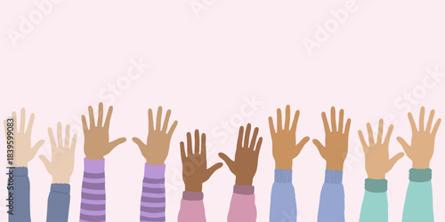 Diverse hands raised vector illustration