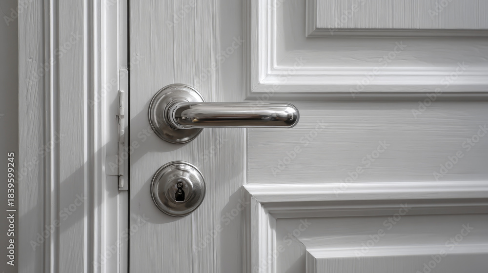 Obraz premium “A closed white door with a sleek metallic handle creates a clean and modern interior detail.”