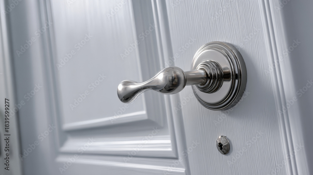 Obraz premium “A closed white door with a sleek metallic handle creates a clean and modern interior detail.”