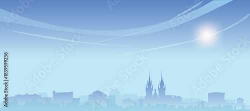 Blue panoramic poster of the city skyline with misty background buildings and clouds of PRAGUE, CZECH REPUBLIC