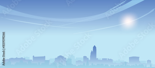 Blue panoramic poster of the city skyline with misty background buildings and clouds of JACKSONVILLE, UNITED STATES