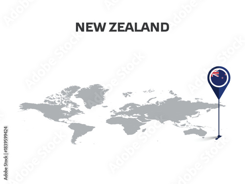NEW ZEALAND Location Pin on World Map with Flag in Pin's Body