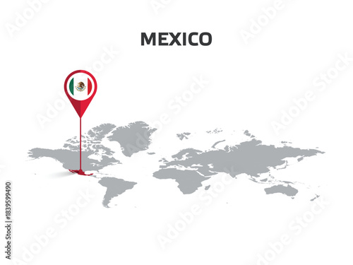 MEXICO Location Pin on World Map with Flag in Pin's Body