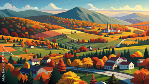 Very beautiful aerial panorama of Stowe revealing rolling hills, brilliant foliage, winding roads, and mountain ridges glowing under soft autumn light. A breathtaking New England landscape filled with