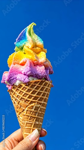 Vibrant rainbow ice cream cone melting against clear blue sky