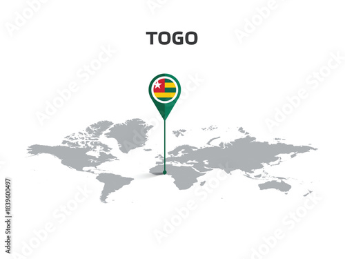 TOGO Location Pin on World Map with Flag in Pin's Body
