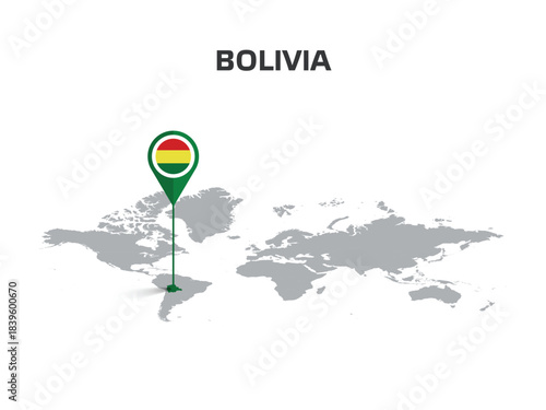 BOLIVIA Location Pin on World Map with Flag in Pin's Body