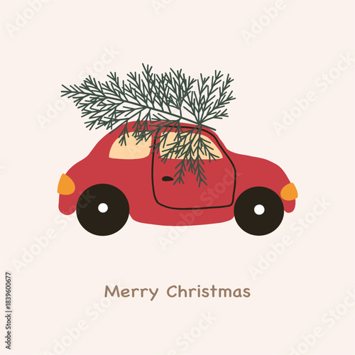 New Year greeting card. The car is carrying a Christmas tree on the roof. Hand drawn vector illustration