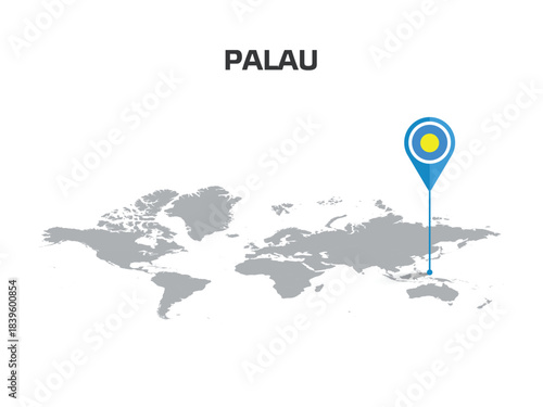 PALAU Location Pin on World Map with Flag in Pin's Body