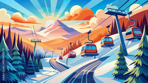 Very beautiful ski chair lifts rising above snowy slopes under bright winter sunlight, showcasing peaceful mountain views and crisp alpine surroundings at Okemo Resort during a clear, refreshing day.