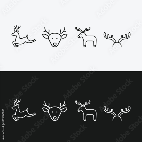 Minimalist Reindeer Line Art Icon Set, Simple Deer Symbols including Leaping Pose, Head Portrait, and Antler Headband, Modern Vector Graphic for Christmas, Nature, and Winter Holidays, Black and White
