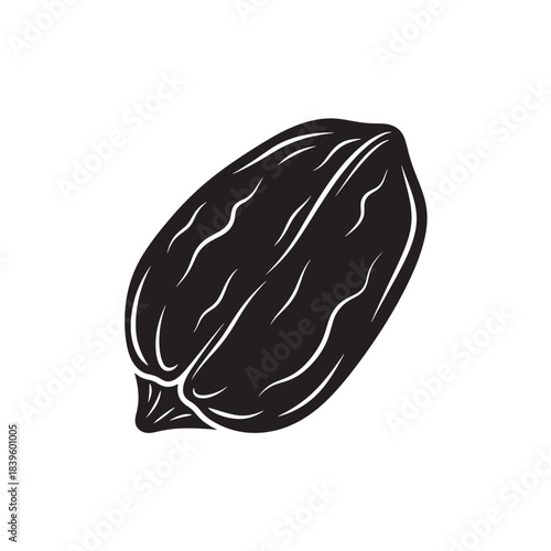 Cocoa pod for food and chocolate branding, black vector icon