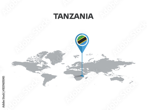 TANZANIA Location Pin on World Map with Flag in Pin's Body
